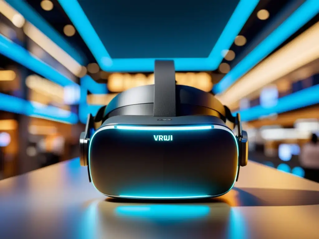 Un headset de realidad virtual detallado en 8k frente a un bullicioso mercado electrónico, simbolizando la integración de espacios de venta virtuales y físicos en el futuro del comercio electrónico