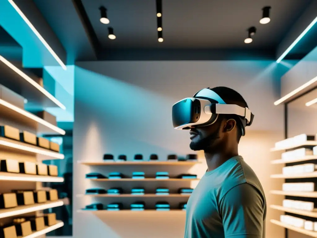 Un headset de realidad virtual flota en un entorno futurista de tienda, con reflejos en el visor