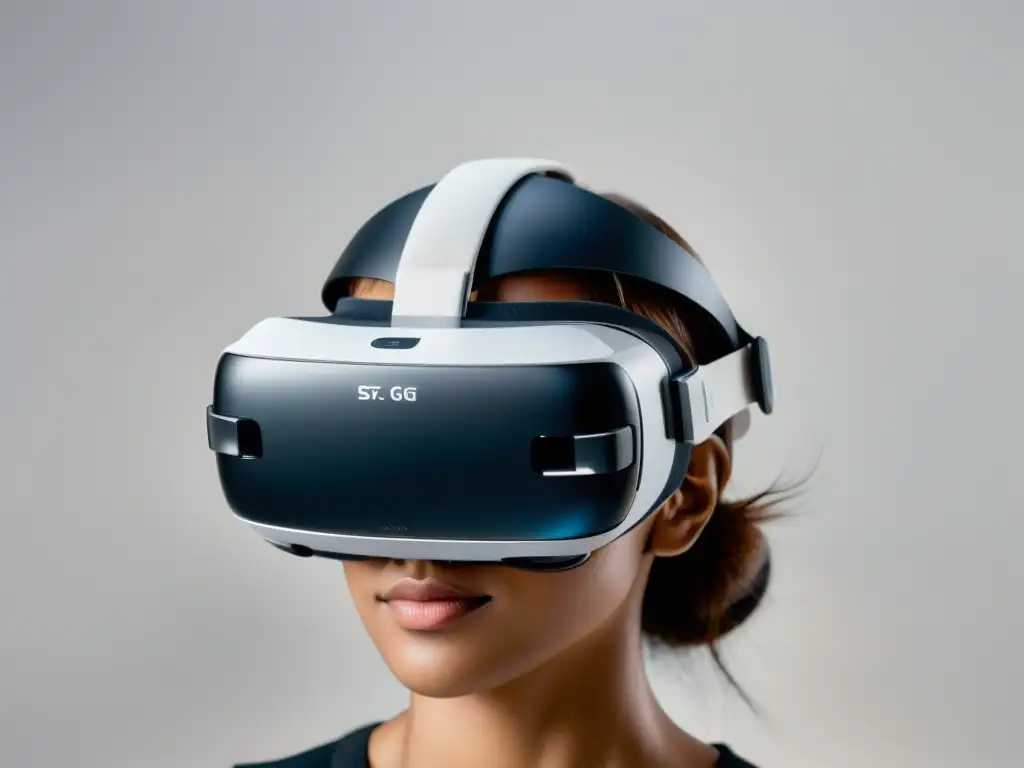 Un headset de realidad virtual minimalista con diseño futurista, reflejando plataformas de ecommerce y señales 5G