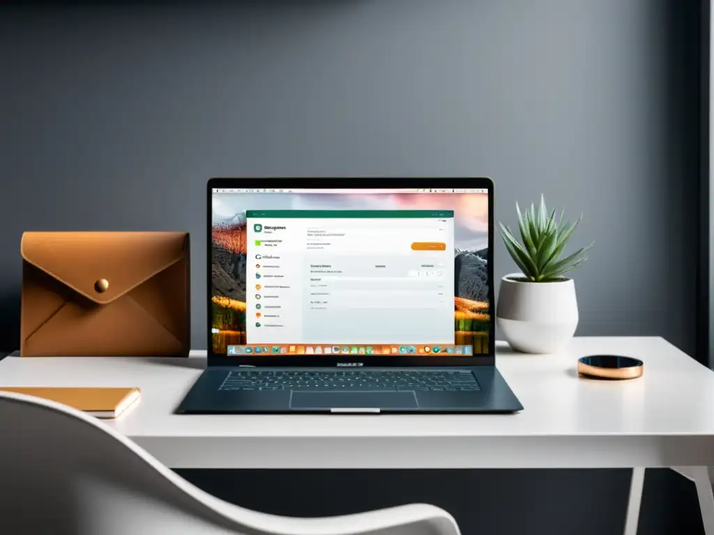 Herramientas esenciales para email marketing en un espacio de trabajo moderno y minimalista, con luz natural y elementos de alta calidad