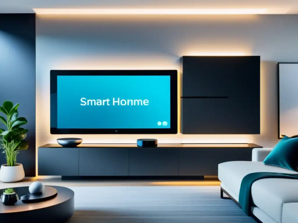 Un hogar inteligente de diseño moderno, con integración de venta de productos Smart Homes, dispositivos de alta tecnología y un ambiente futurista