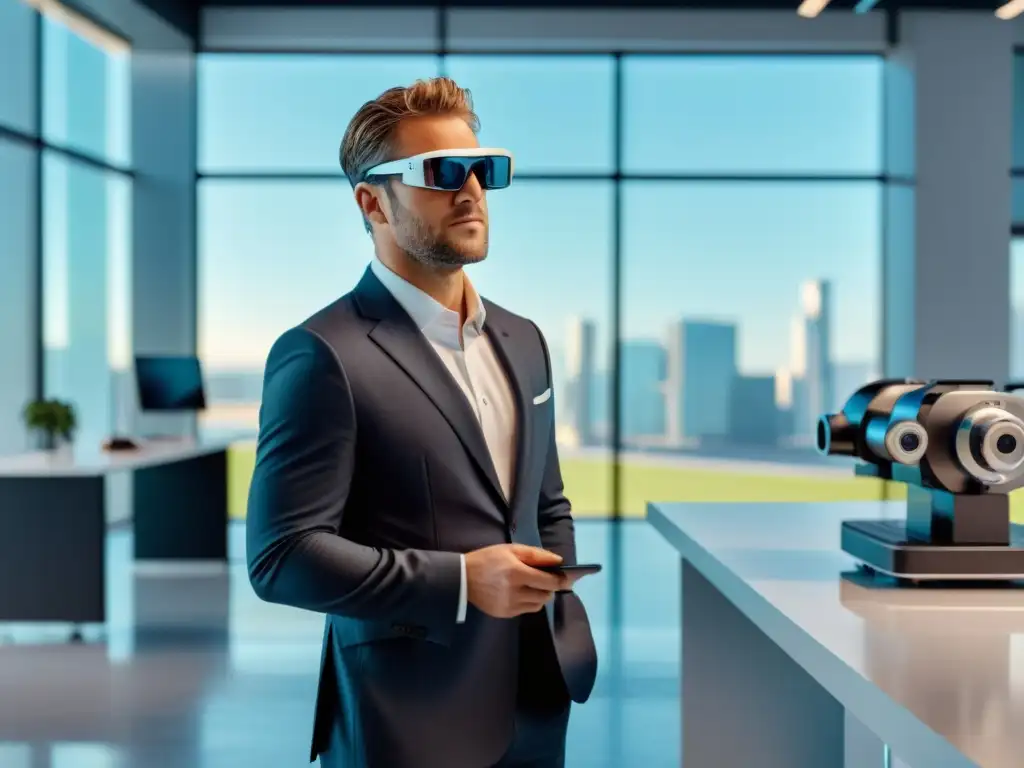 Un hombre de negocios usa gafas de realidad aumentada para ventas B2B, interactuando con un modelo 3D en un entorno futurista y profesional