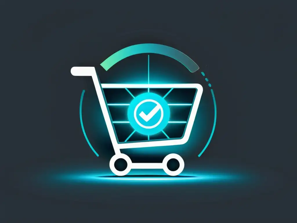 Icono de carrito de compras flotando en un espacio digital, rodeado de líneas brillantes y puntos de datos, simbolizando estrategias de retargeting en ecommerce