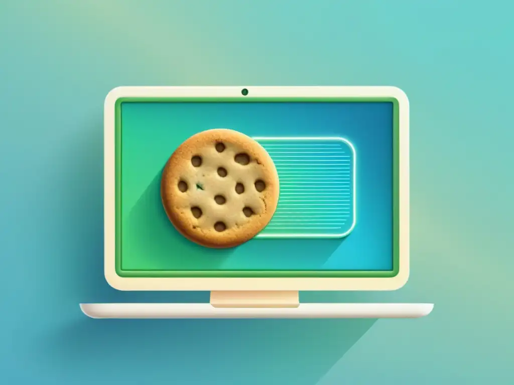 Icono de galleta en pantalla de computadora rodeado de líneas que representan flujo de datos y protección de privacidad