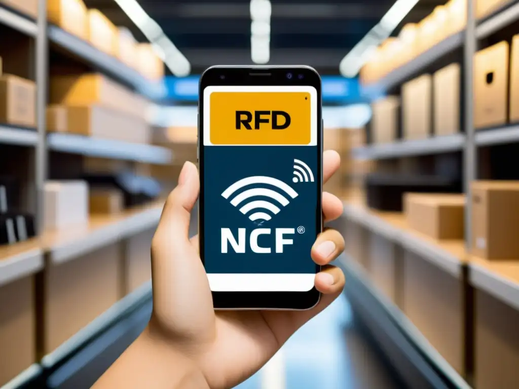 Una ilustración detallada de tecnología RFID y NFC creando conexión en ecommerce