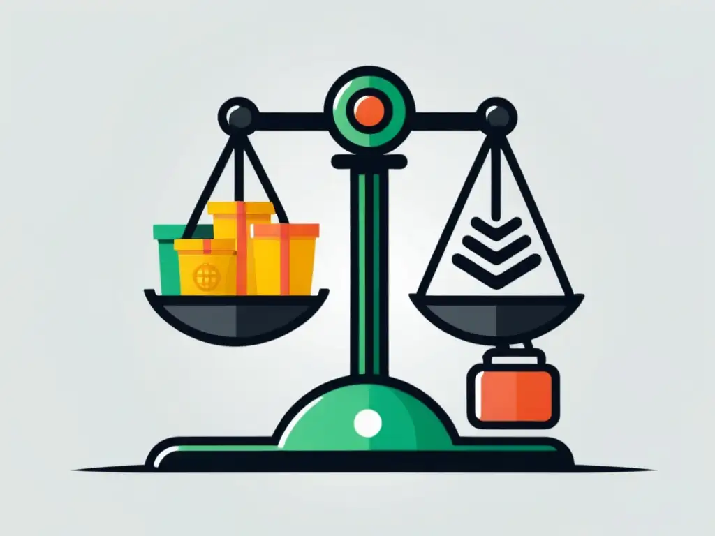 Una ilustración minimalista de una balanza con un carrito de compras en un lado y símbolos de derechos del consumidor en el otro, simbolizando el equilibrio entre las tendencias legislativas comercio electrónico y las leyes de protección al consumidor