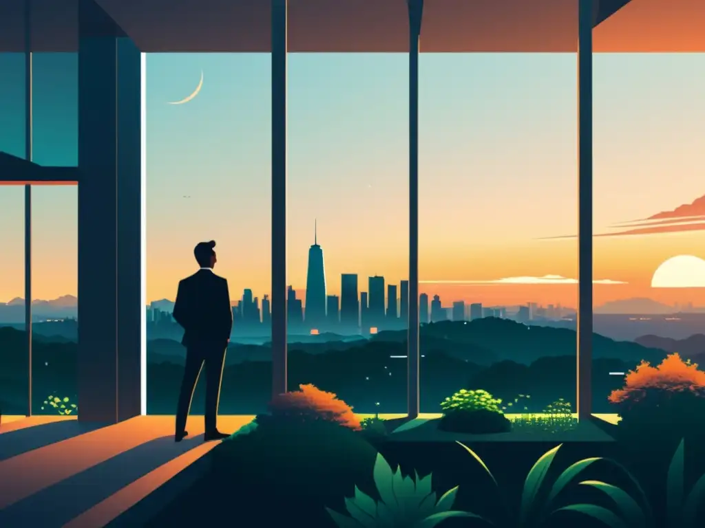 Una ilustración minimalista de una ciudad futurista al atardecer, con edificios angulares y una suave luz cálida