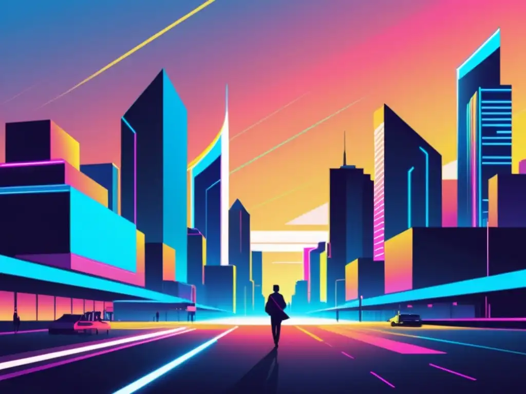 Una ilustración minimalista de una ciudad futurista al atardecer, con edificios angulares y brillantes acentos neón