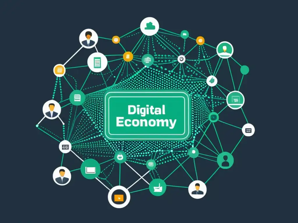 Una ilustración minimalista de una compleja red de conexiones digitales que representa la economía digital de China, mostrando nodos de ecommerce, privacidad de datos, innovación tecnológica y regulación gubernamental, con líneas etiquetadas con 'impacto', 'oportunidades' y 'desafíos'