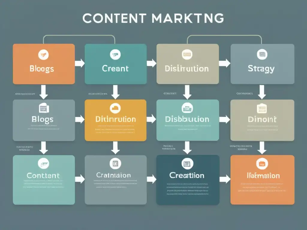 Una ilustración minimalista de un diagrama de flujo de estrategias de marketing de contenidos, con líneas elegantes y colores tenues, representando las etapas de creación, distribución y participación de contenidos