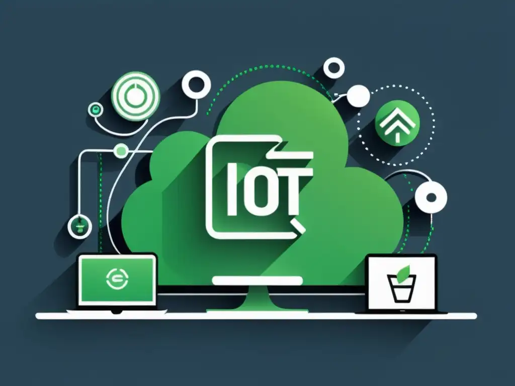 Una ilustración minimalista de un ecommerce moderno con dispositivos IoT interconectados administrando inventario, energía y datos de clientes