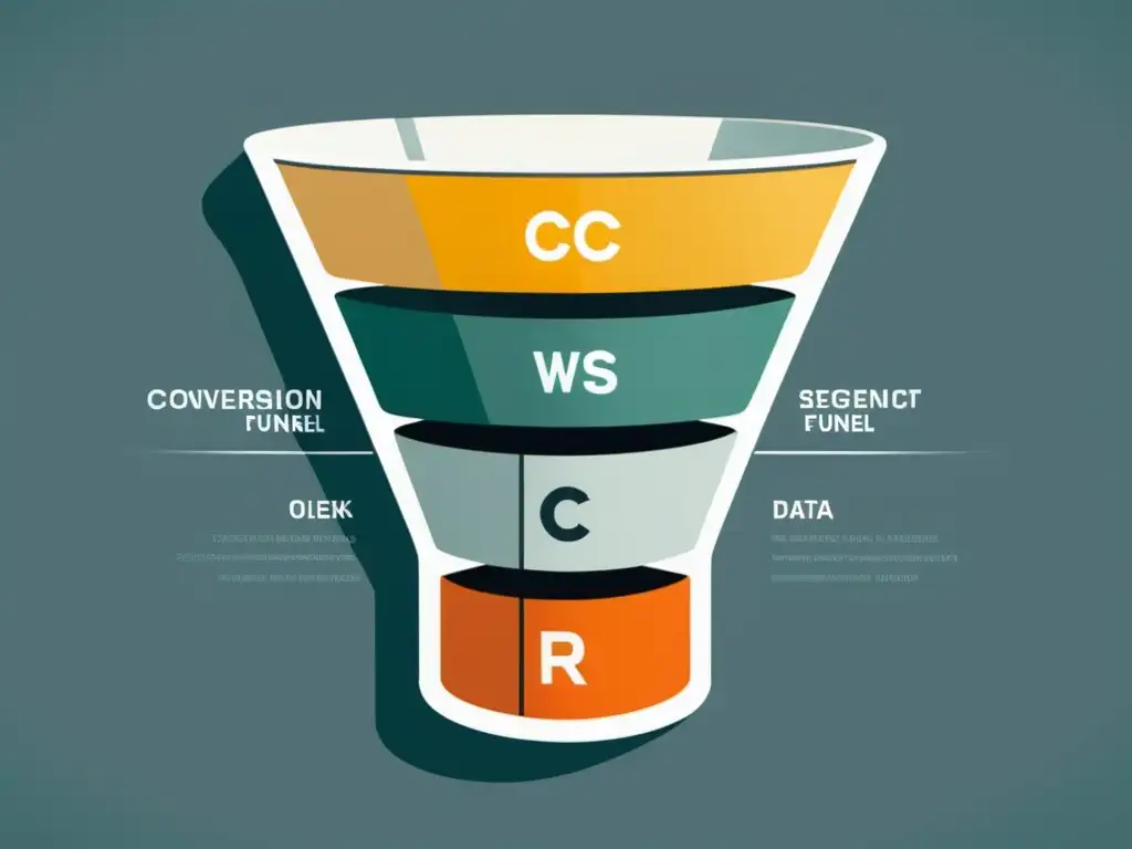 Una ilustración minimalista de un embudo de conversión con líneas limpias y una paleta de colores moderna