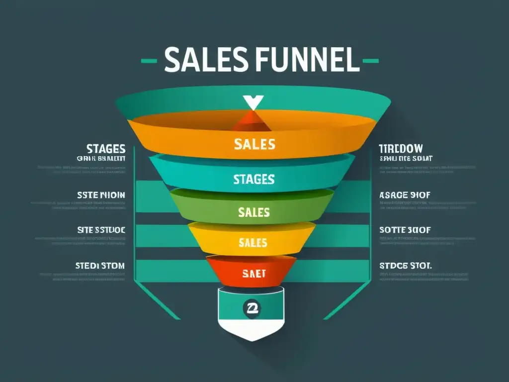 Una ilustración minimalista de un embudo de ventas con múltiples etapas, desde una amplia apertura en la parte superior hasta estrecharse gradualmente hacia abajo