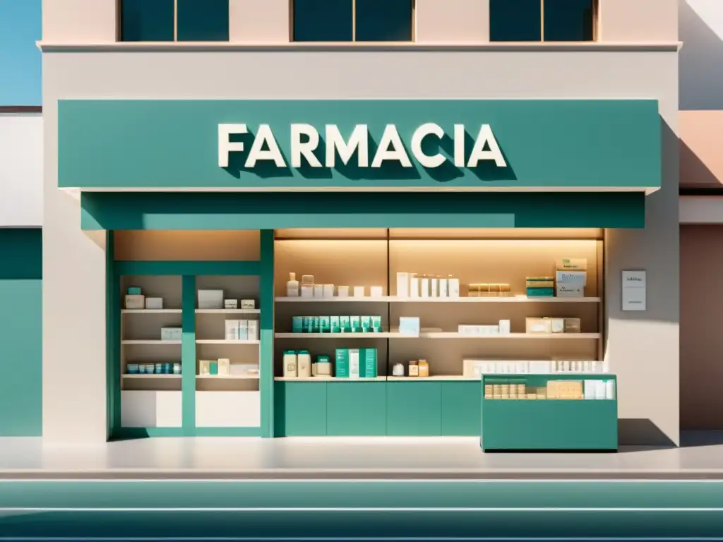 Una ilustración minimalista de la fachada de una farmacia, con líneas limpias y colores suaves