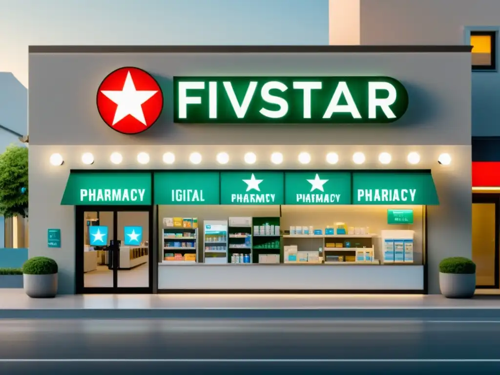 Una ilustración minimalista de una farmacia digital con una calificación de cinco estrellas