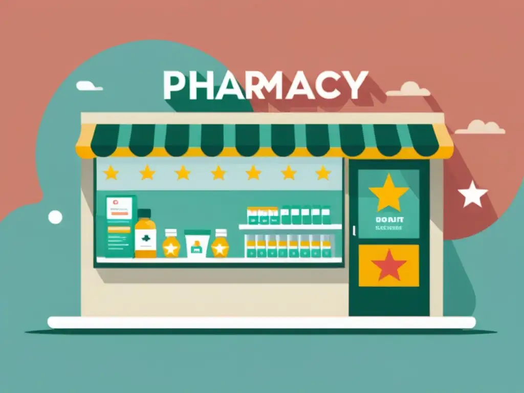 Una ilustración minimalista de una farmacia digital con reseñas positivas y calificación de cinco estrellas, transmitiendo confianza y profesionalismo