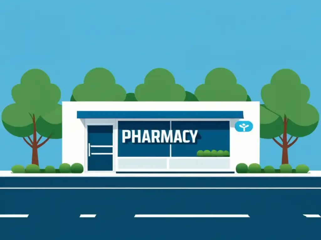 Una ilustración minimalista de una farmacia digital con diseño moderno, fachada blanca y toques de azul