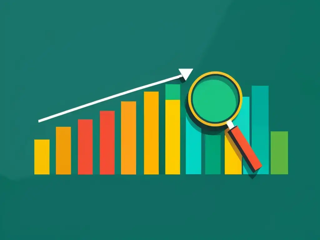 Una ilustración minimalista de una lupa sobre un gráfico de barras, simbolizando la medición y optimización en estrategias de marketing de contenidos