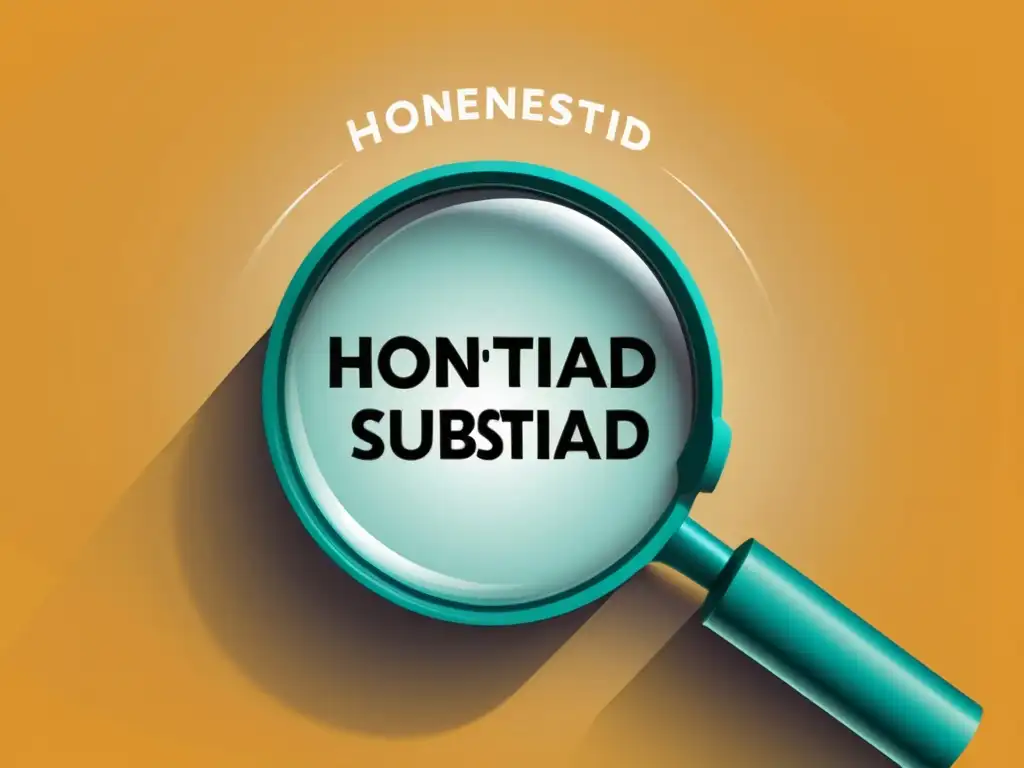 Una ilustración minimalista de una lupa sobre una descripción de producto, con la palabra 'honestidad' integrada sutilmente