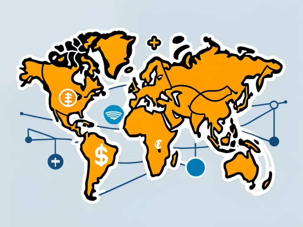 Una ilustración minimalista de un mapa global con líneas interconectadas que representan transacciones de comercio electrónico transfronterizo, superpuesto con varios símbolos de monedas para simbolizar el impacto del comercio en línea transnacional en la inclusión financiera