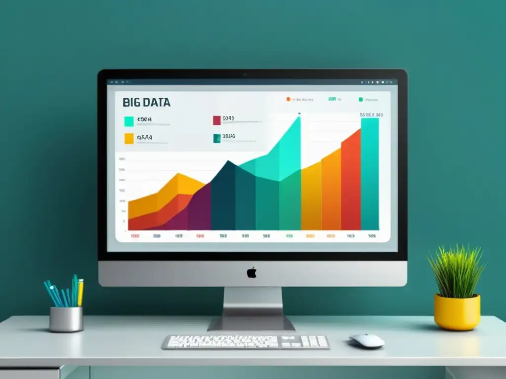 Una ilustración minimalista de una pantalla de computadora con visualizaciones de datos coloridas y gráficos, rodeada de decoración de oficina moderna y elegante