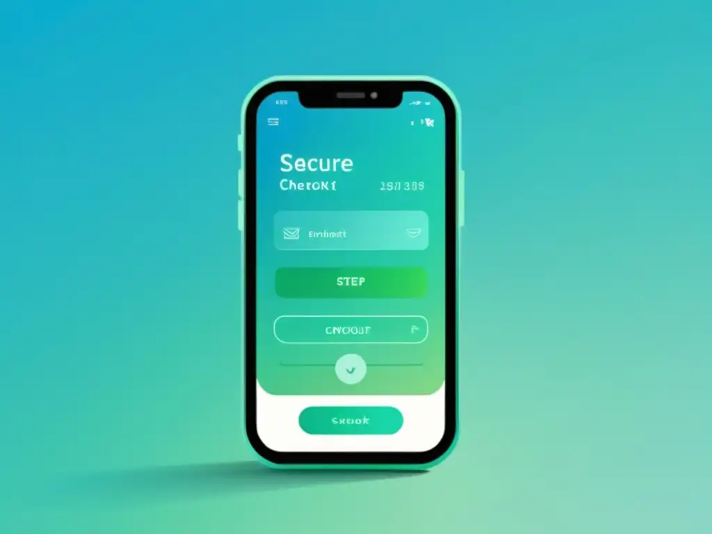 Una ilustración minimalista de una pantalla de smartphone mostrando un proceso de checkout rápido y seguro en una interfaz moderna y limpia