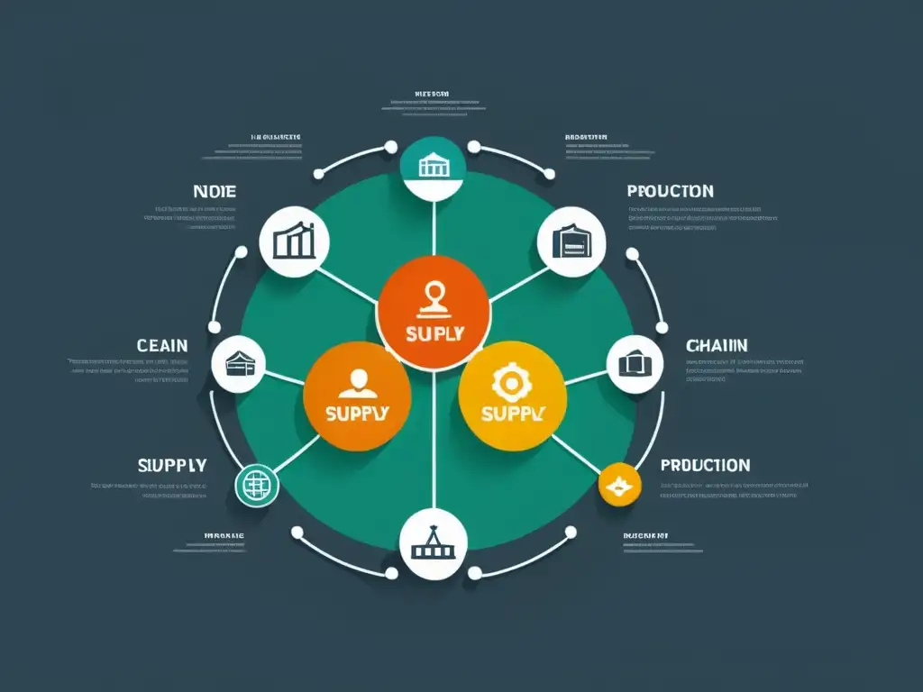 Una ilustración minimalista de una red de cadena de suministro con nodos que representan diferentes etapas, como producción, transporte, distribución y entrega