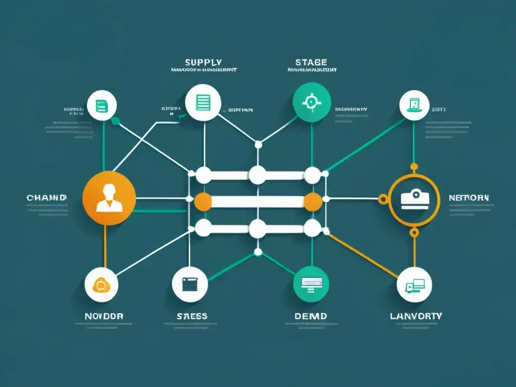 Una ilustración minimalista de una red de cadena de suministro en la nube, con nodos interconectados representando diferentes etapas del proceso