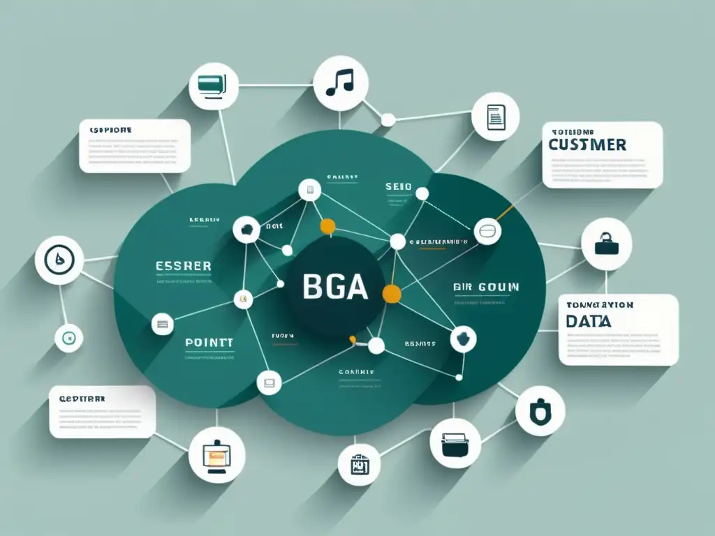 Una ilustración minimalista de una red compleja de puntos de datos interconectados y puntos de contacto con el cliente, con diseño moderno y una paleta de colores tenues, simbolizando la intrincada medición del Customer Journey en el Comercio Electrónico