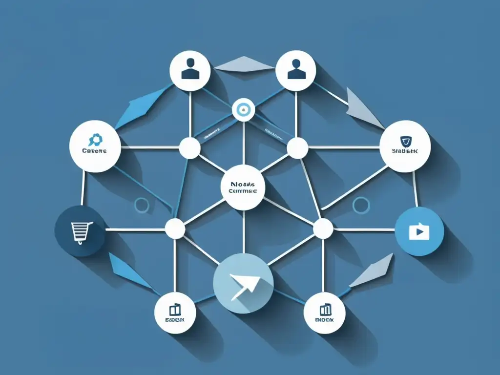 Una ilustración minimalista de una red de nodos interconectados y flechas, simbolizando la compleja red de recomendaciones y oportunidades de ventas cruzadas en comercio electrónico