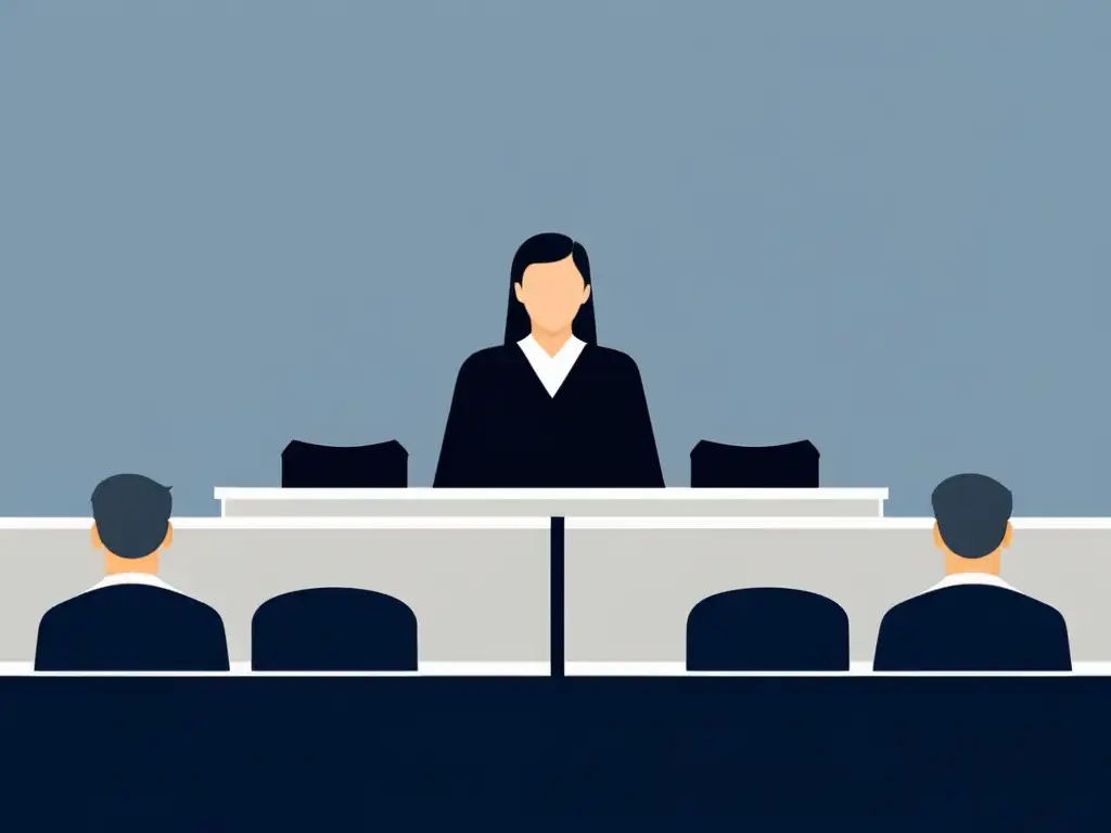 Una ilustración minimalista de una sala de tribunal con un juez, abogado y balanza de justicia