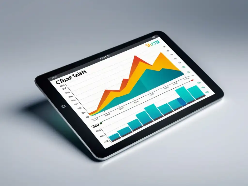 Una ilustración minimalista de una tableta digital mostrando gráficos financieros en vibrantes colores, con un aspecto profesional y moderno