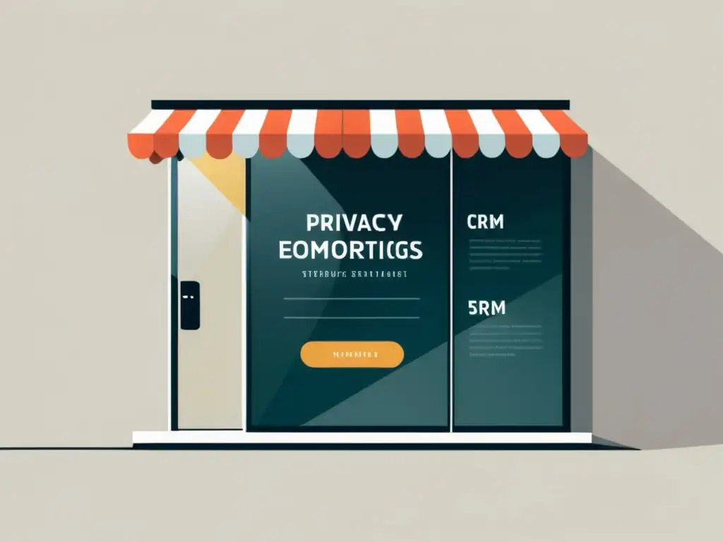 Una ilustración minimalista de una tienda digital con regulaciones de privacidad y estrategias CRM, simbolizando el impacto en el ecommerce