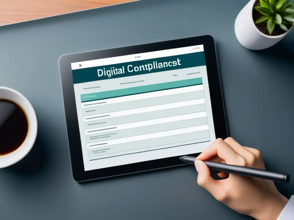 Una imagen de alta resolución que muestra una lista de verificación de cumplimiento de contenido digital en una tableta moderna