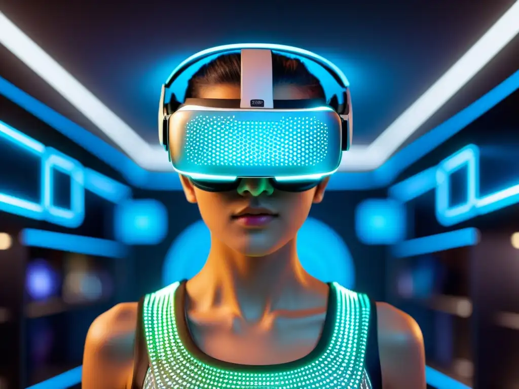 Una imagen de alta tecnología con realidad aumentada e inteligencia artificial en comercio electrónico, mostrando un headset futurista y un ambiente hightech