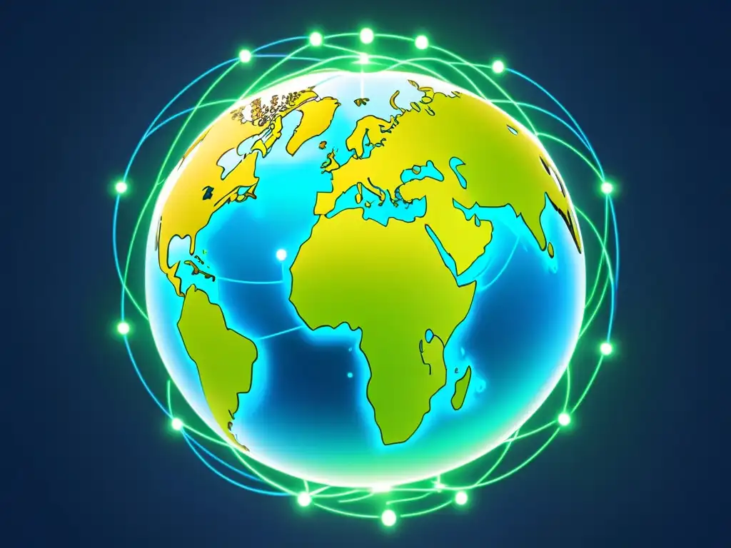 Imagen 8k detallada de un globo digital rodeado de líneas interconectadas que representan regulaciones internacionales, con la Guía práctica Real Decreto Comercio Electrónico en el centro de la red, simbolizando la complejidad global del cumplimiento normativo en el comercio electrónico