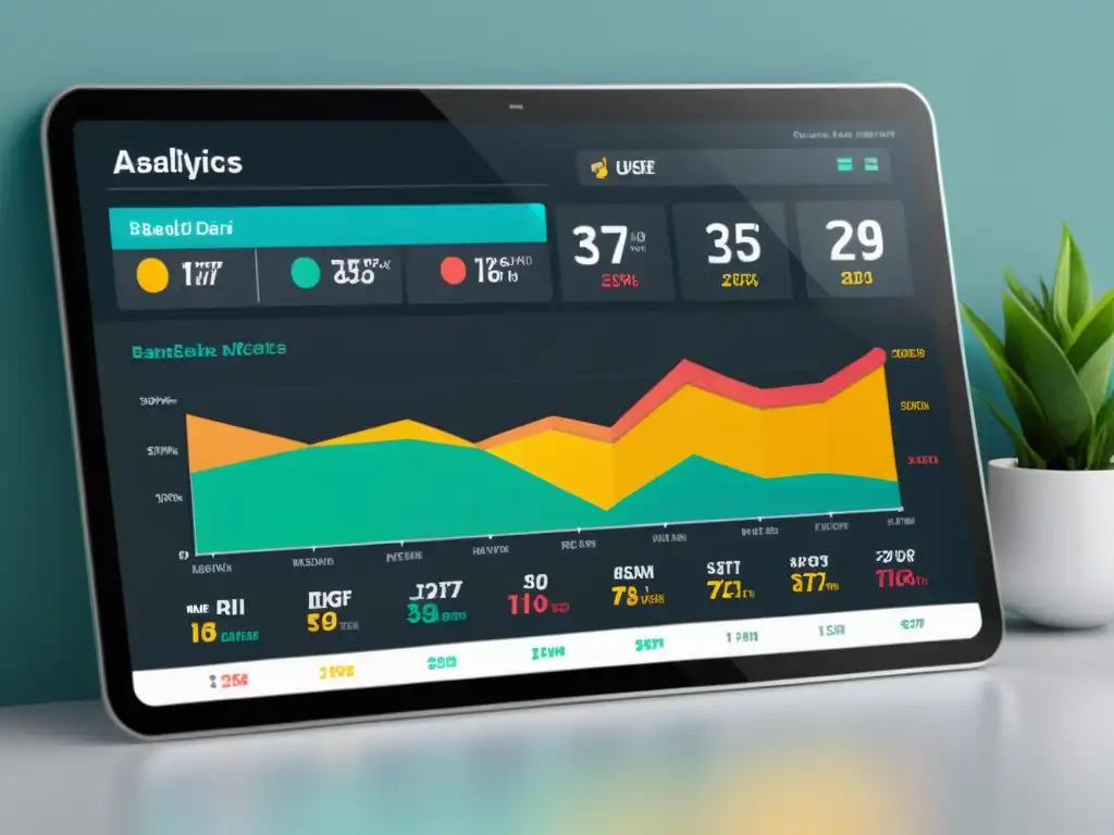 Una imagen detallada y nítida de un panel de análisis digital con métricas de tráfico web, tasas de conversión y participación del usuario