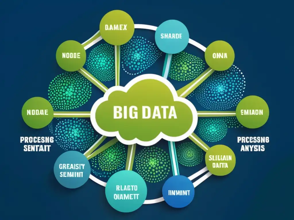 Imagen detallada de una red de nodos interconectados y puntos de datos, simbolizando el flujo y procesamiento de big data