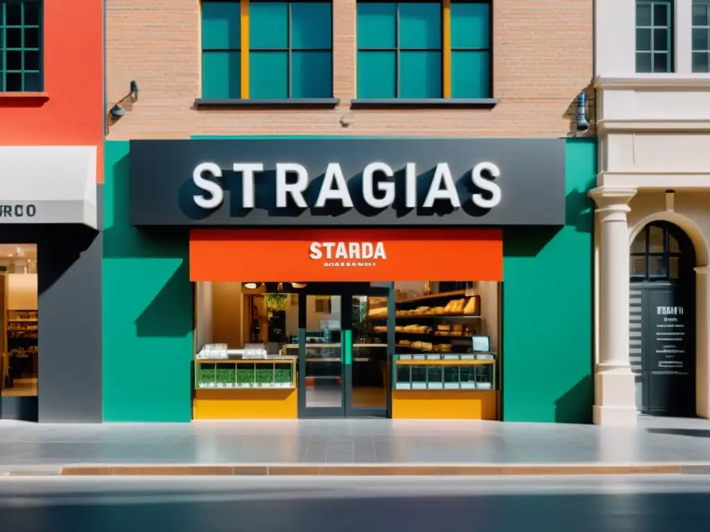 Imagen 8k de una elegante tienda con letrero 'Estrategias de Entrada al Mercado', reflejando profesionalismo en eCommerce