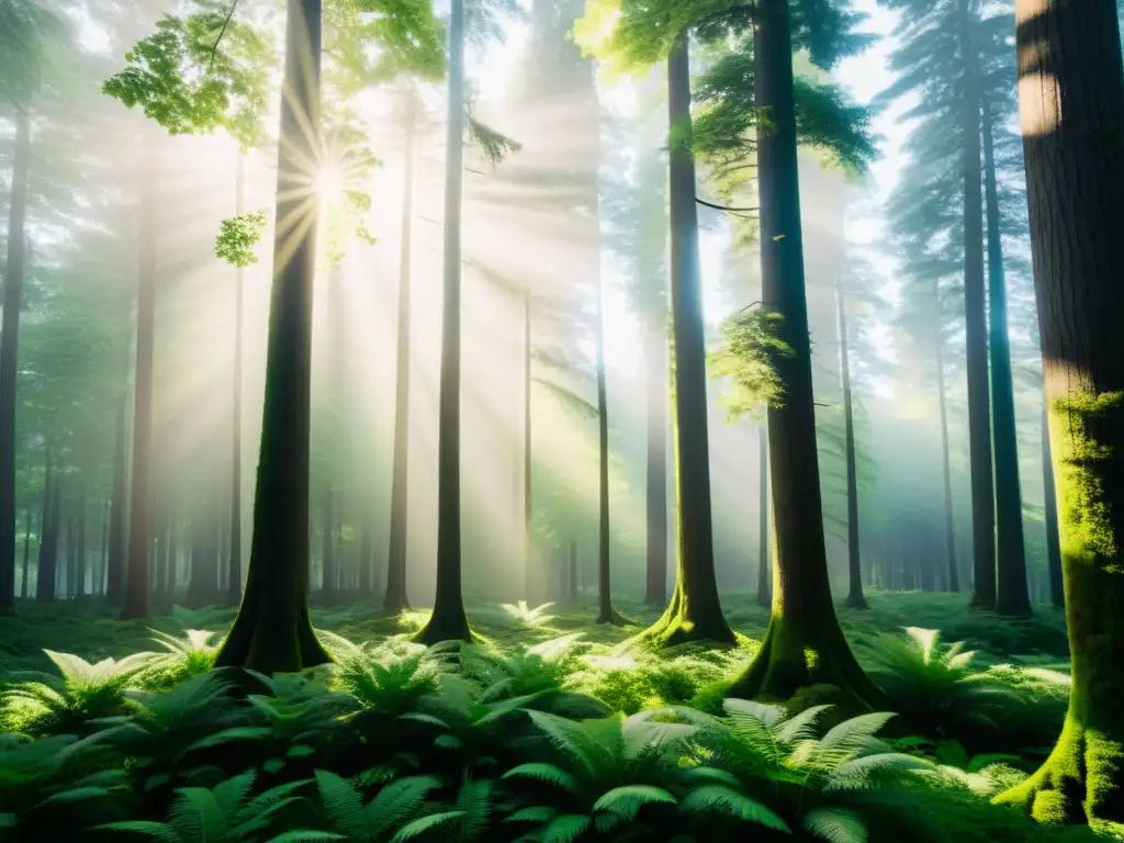 Imagen de un exuberante bosque verde con árboles altos alcanzando el cielo