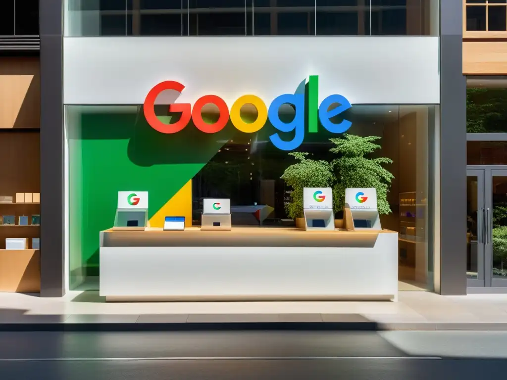 Imagen de fachada minimalista con el logo sutil de Google, bañada en luz natural