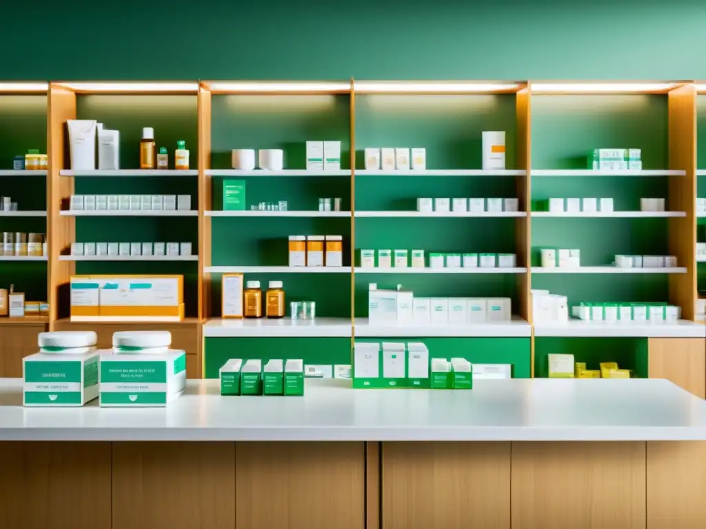 Una imagen de alta resolución de una farmacia moderna y ordenada con productos farmacéuticos en envases impecables