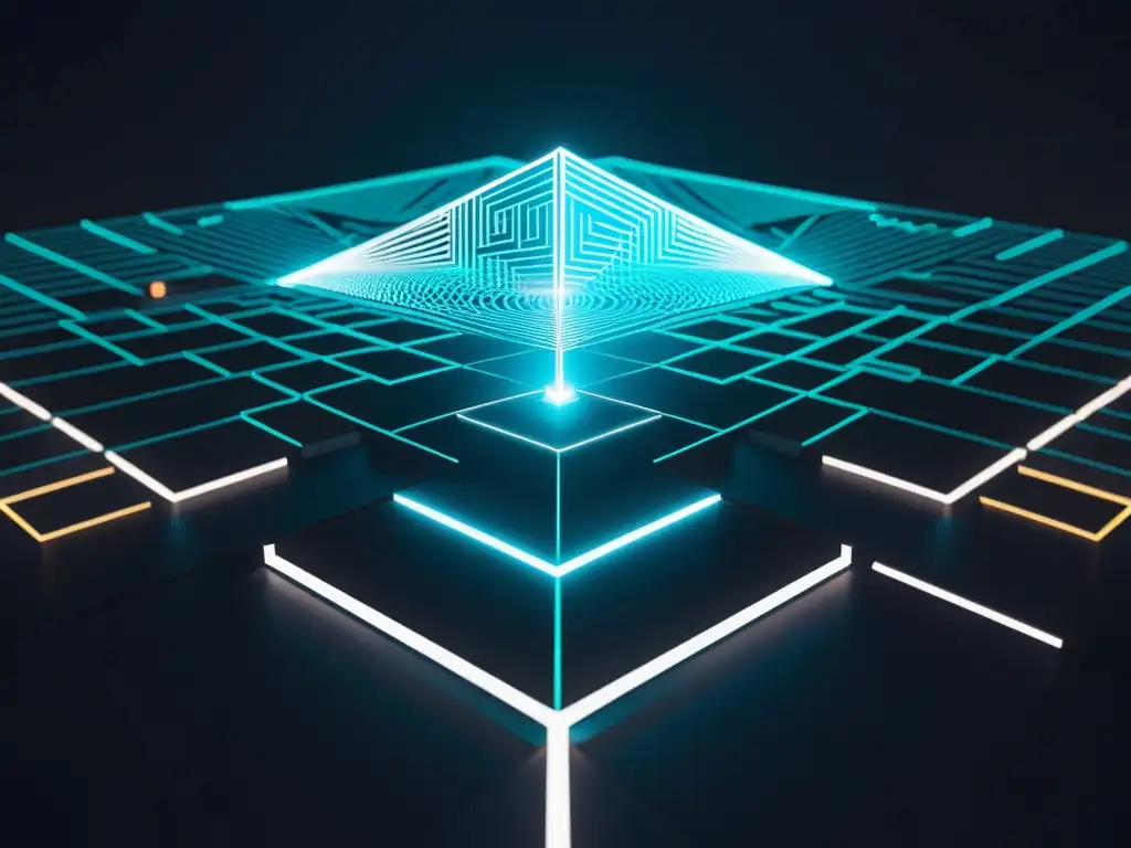 Imagen de una fortaleza digital rodeada por barreras luminosas, transmitiendo sofisticación y seguridad