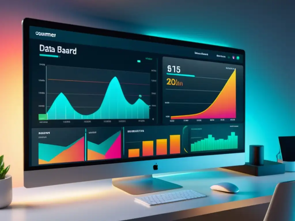 Imagen 8k de un futurista panel de análisis de datos con visualizaciones vibrantes, resaltando la Importancia del Big Data en Ecommerce