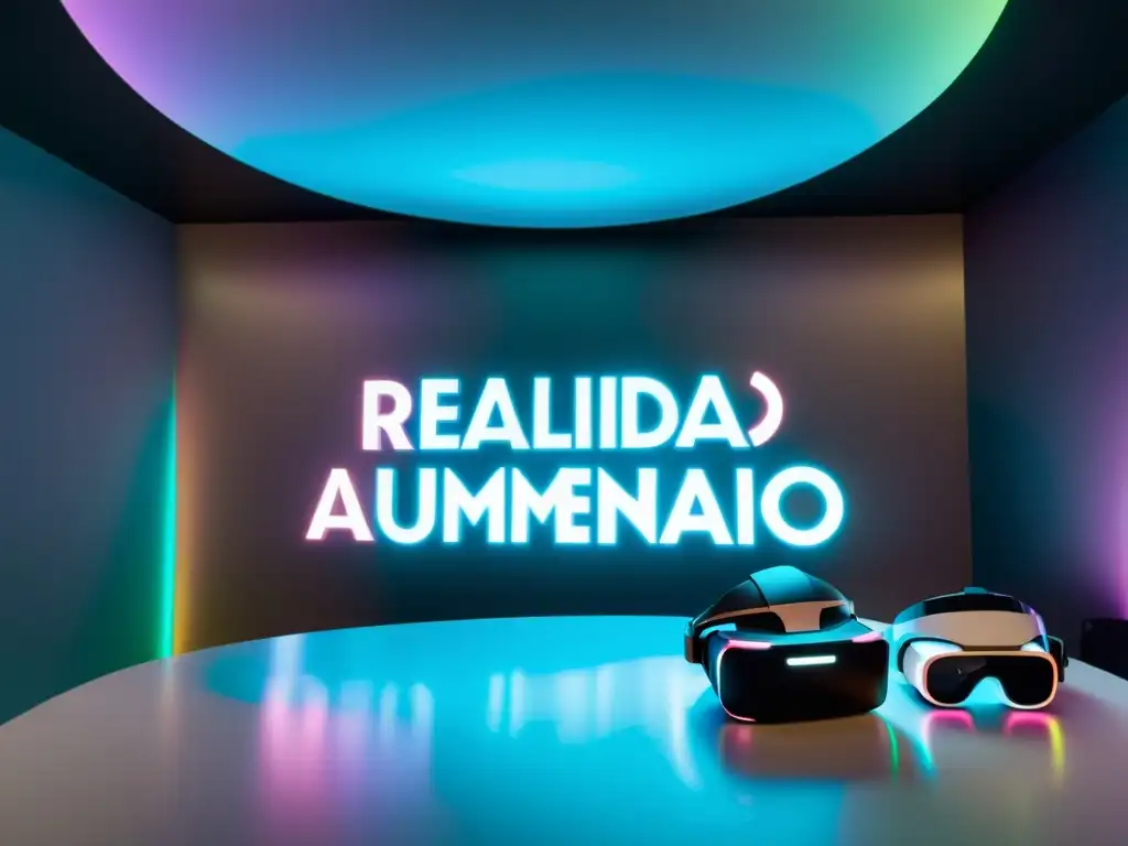 Imagen futurista de realidad aumentada e inteligencia artificial en comercio electrónico con un headset y smartphone holográficos