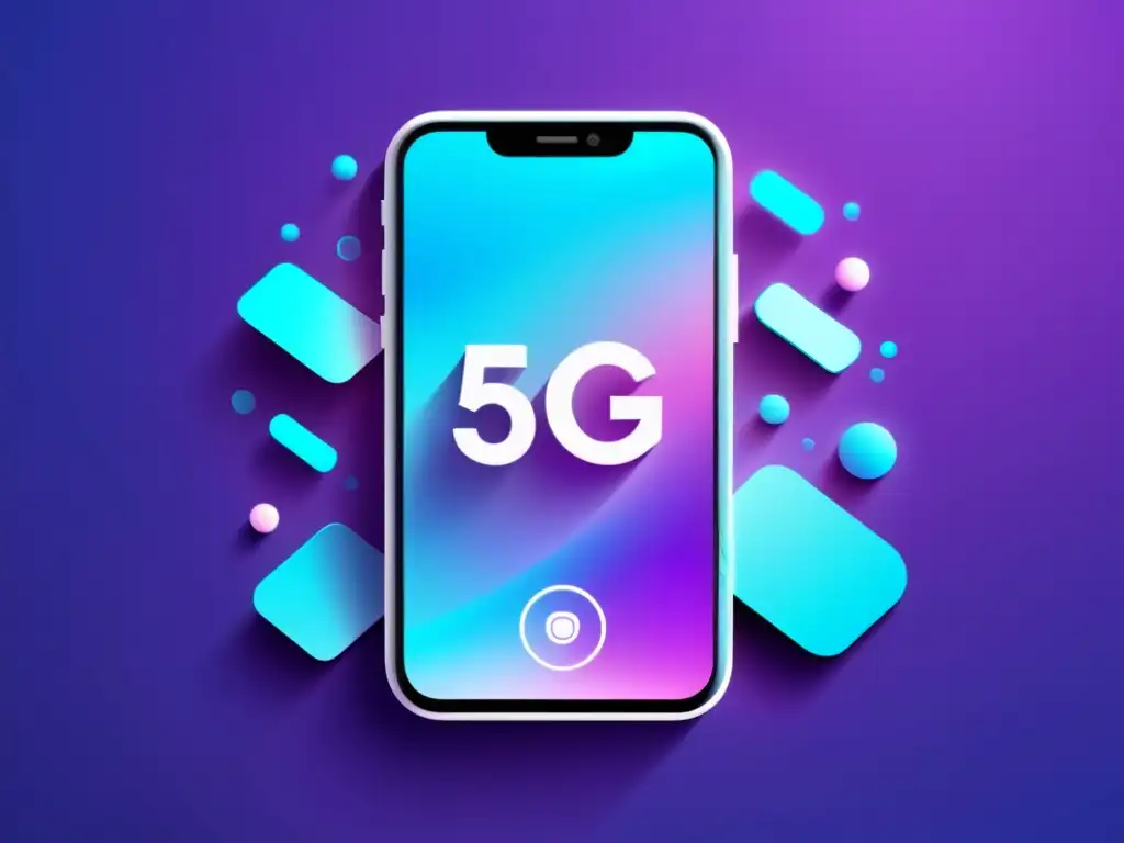 Imagen futurista de un smartphone con diseño elegante, 5G ultra rápido y experiencia del cliente en comercio electrónico, rodeado de iconos digitales