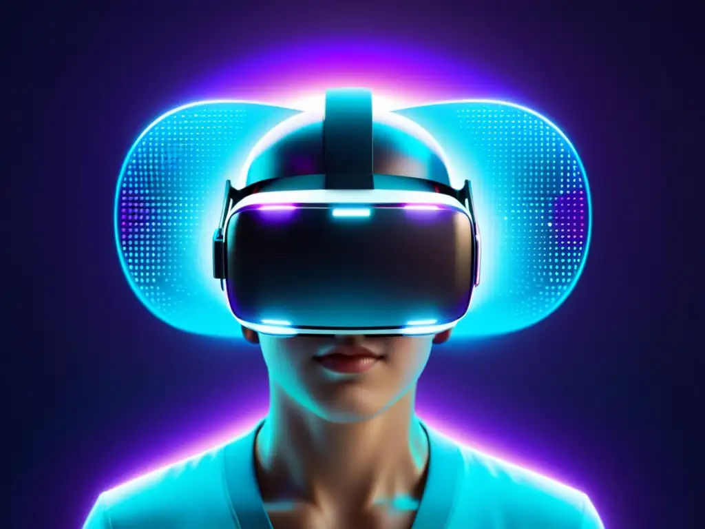 Una imagen futurista muestra un visor de realidad virtual rodeado de datos y métricas en tonos azules y morados