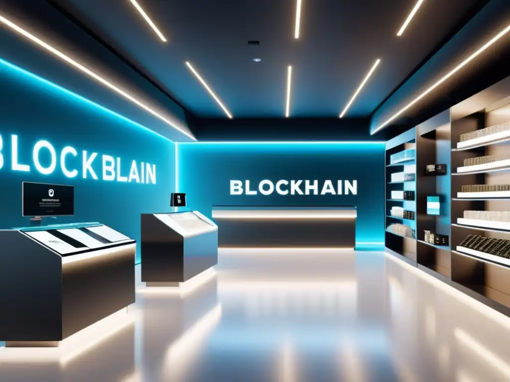 Imagen del futuro del retail con Blockchain: una tienda futurista con integración de blockchain, eficiente y segura, llena de clientes