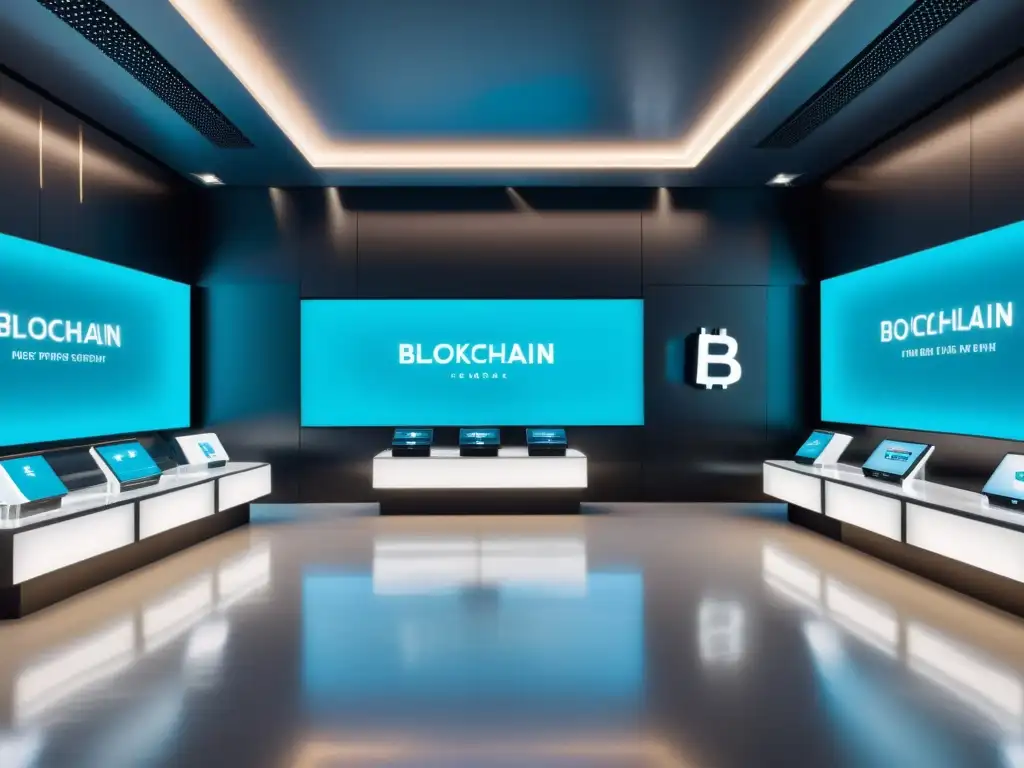 Imagen del futuro del retail con Blockchain: tienda futurista con tecnología innovadora y ambiente sofisticado