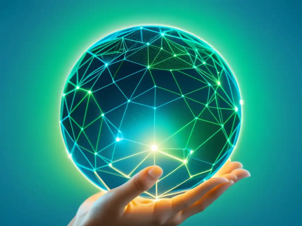 Imagen de un globo terráqueo transparente con nodos de blockchain interconectados en tonos azules y verdes, simbolizando la sostenibilidad y eficiencia del blockchain en el comercio electrónico global